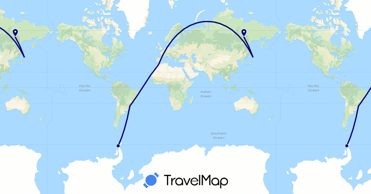TravelMap itinerary: driving in Brazil, Japan, Morocco, Russia (Africa, Asia, Europe, South America)