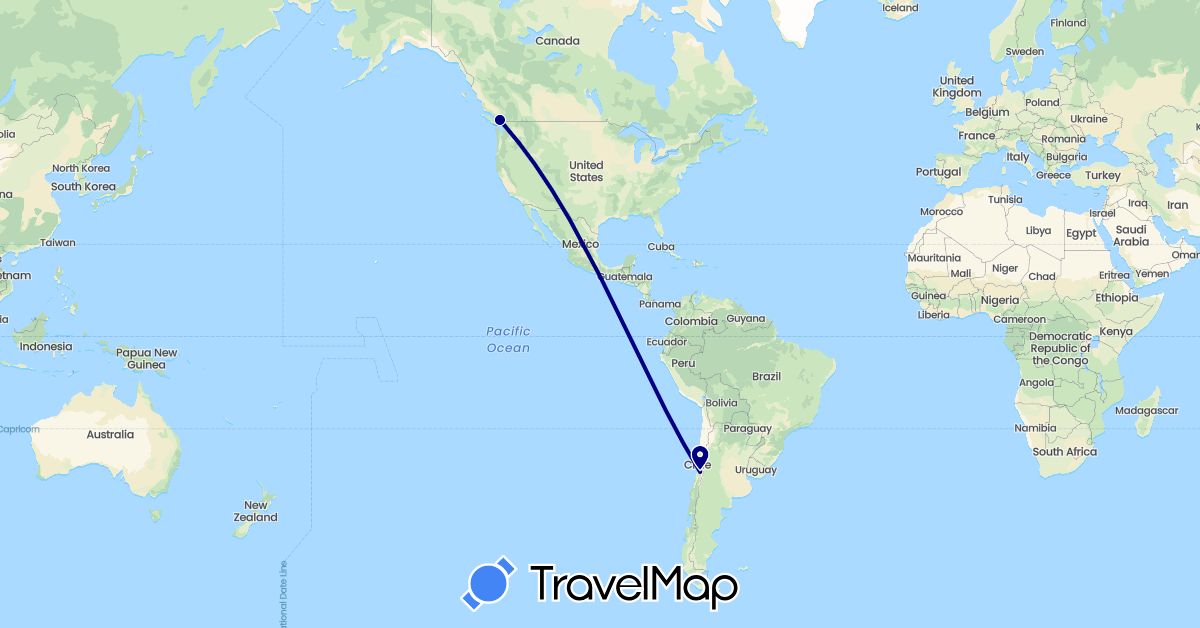 TravelMap itinerary: driving in Canada, Chile (North America, South America)